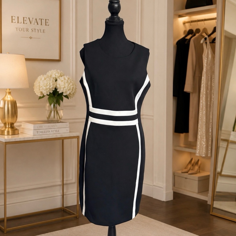 Sleeveless Black Sheath Dress with White Trim